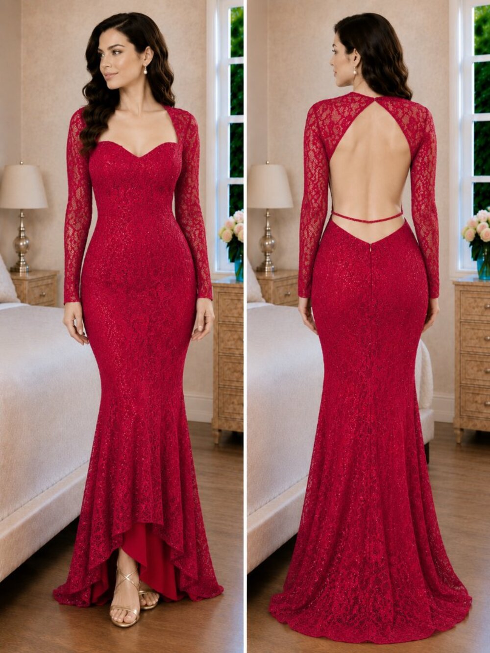 Sherri Hill Red Lace Illusion Sleeved Formal Gown $698